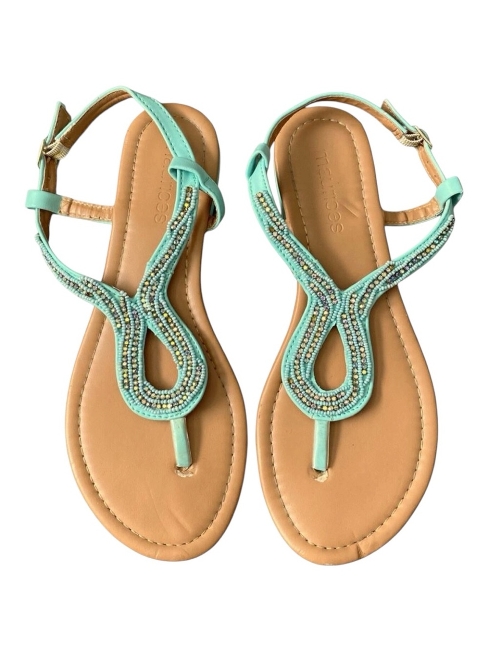 Maurices Sandals Womens Size 7 Sea Green Beaded Thong Ankle Strap Flats Shoes